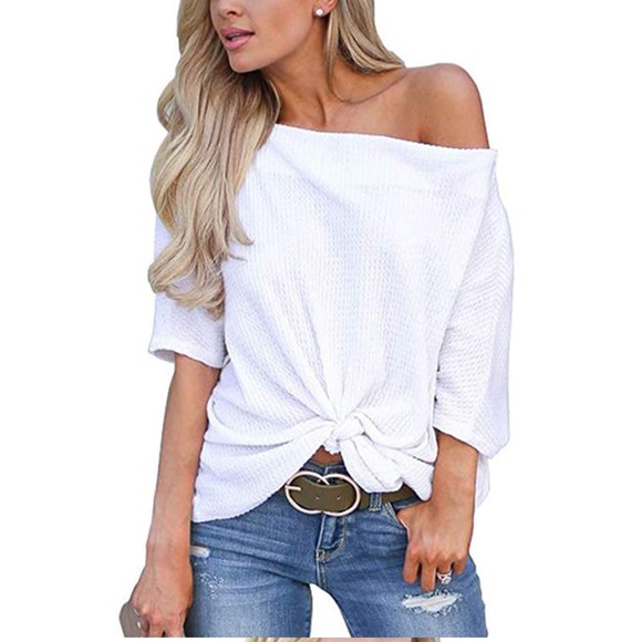 New! Off Shoulder Waffle Knit Thermal Twist Top - Picture 6 of 8
